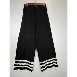 Rich & Famous Black Linen Blend Wide Leg Pants White Crochet Lace‎ Trim Small